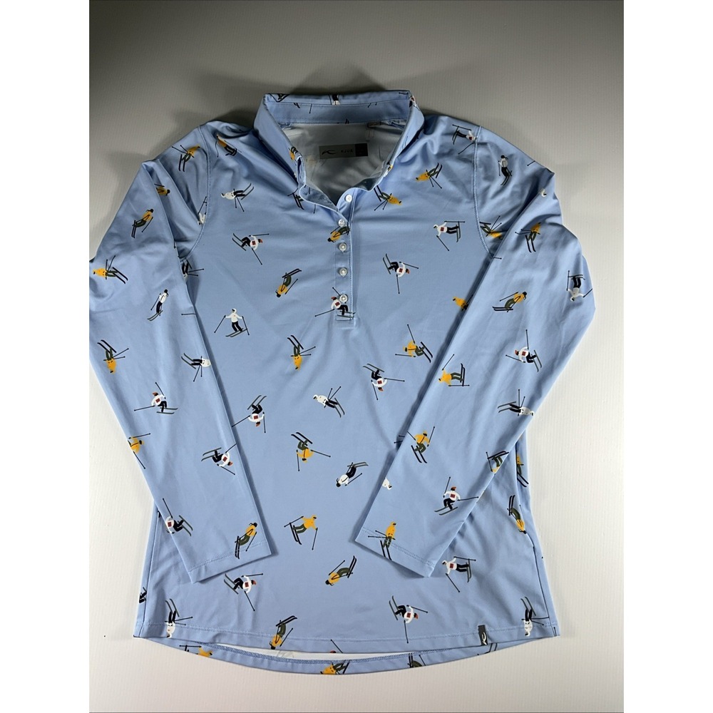 KJUS Women's 38 M Slim Fit Blue Skier Print Long Sleeve Golf Polo UPF 50+
